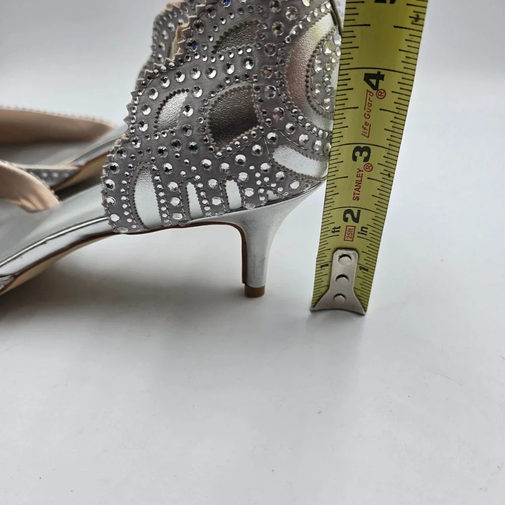XYD Heels Women 14 D'Orsay Kitten Silver Rhinestone Laser Cut Scalloped Big Girl
